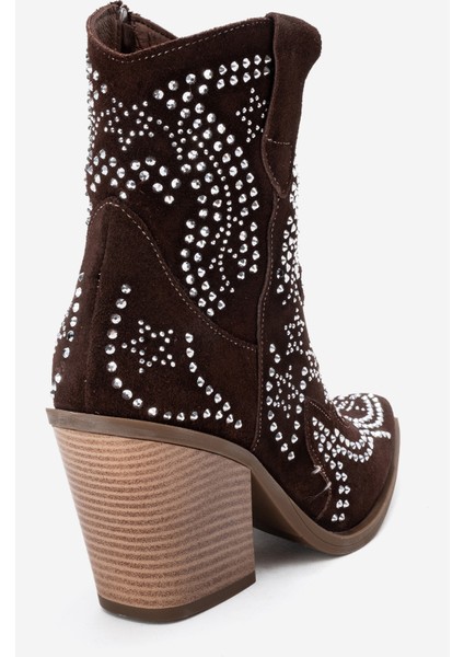 Kadın Taşlı Kalın Taban Western Bot Gerçek Süet Deri Zy 1610 Kahverengi fırsatları