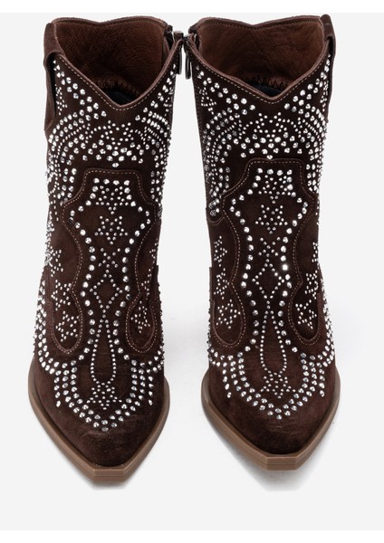 Kadın Taşlı Kalın Taban Western Bot Gerçek Süet Deri Zy 1610 Kahverengi indirimleri