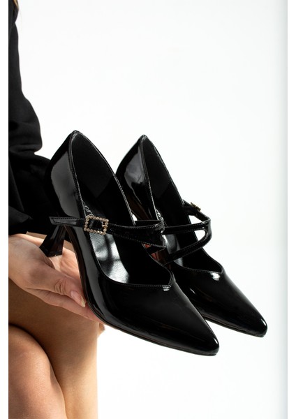 Lunera Zarif Tokalı Rahat Kalıp Kadın 6,5 cm Topuklu Siyah Rugan Mary Jane Ayakkabı