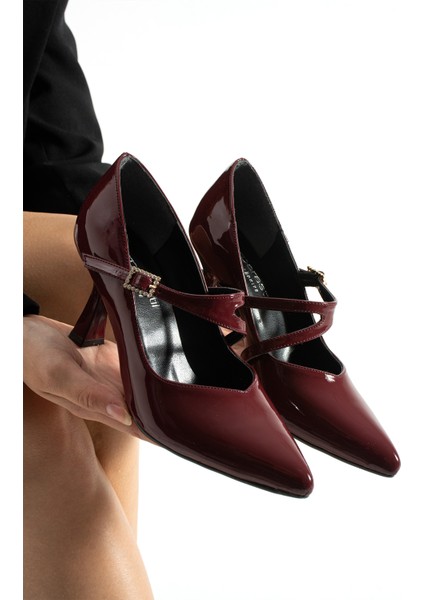 Lunera Zarif Tokalı Rahat Kalıp Kadın 6,5 cm Topuklu Bordo Rugan Mary Jane Ayakkabı