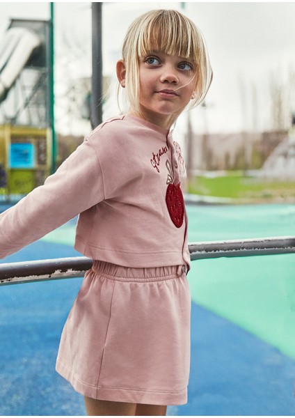 4-10 Yaş Kız Çocuk Pembe Bisiklet Yaka Çilek Baskılı Sweat ve Askılı Şardonlu Elbise 2’li Takım