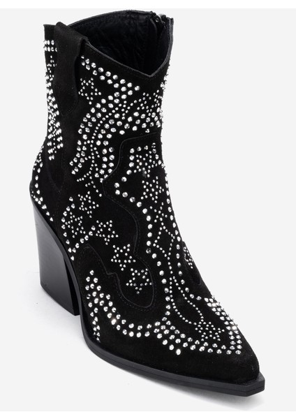 Kadın Taşlı Kalın Taban Western Bot Gerçek Süet Deri Zy 1610 Siyah modelleri