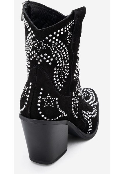 Kadın Taşlı Kalın Taban Western Bot Gerçek Süet Deri Zy 1610 Siyah fırsatları