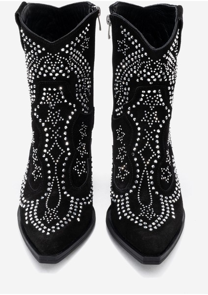 Kadın Taşlı Kalın Taban Western Bot Gerçek Süet Deri Zy 1610 Siyah indirimleri