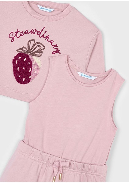 4-10 Yaş Kız Çocuk Pembe Bisiklet Yaka Çilek Baskılı Sweat ve Askılı Şardonlu Elbise 2’li Takım fırsatları