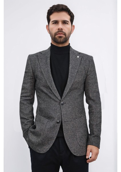 Slim Fit Mono Yaka Astarsız Koyu Kahverengi Tek Ceket