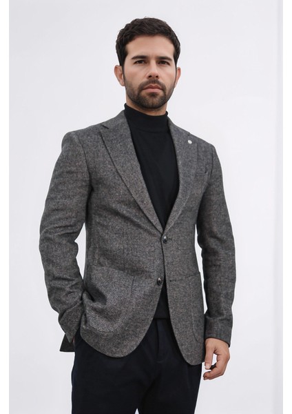 Slim Fit Mono Yaka Astarsız Koyu Kahverengi Tek Ceket
