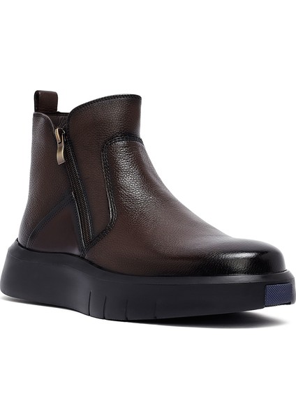Erkek Kahverengi Fermuarlı Kalın Tabanlı Deri Bot 25WFD6931FT