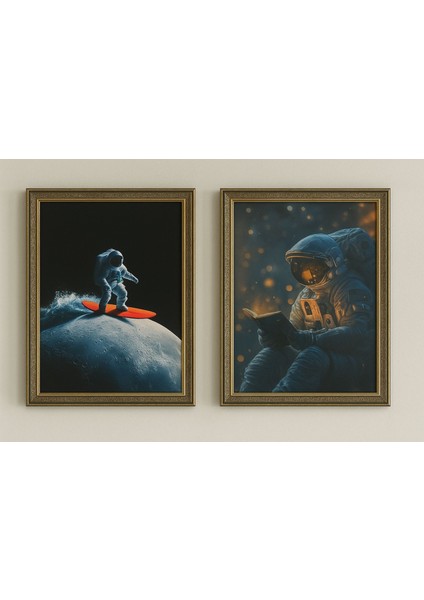 Space Dreamers – Astronot Temalı 2’li Duvar Tablo Seti (Çerçeveli)