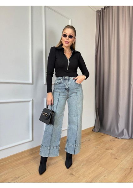 Siyah Yaka Fermuarlı Fitilli Bluz modelleri