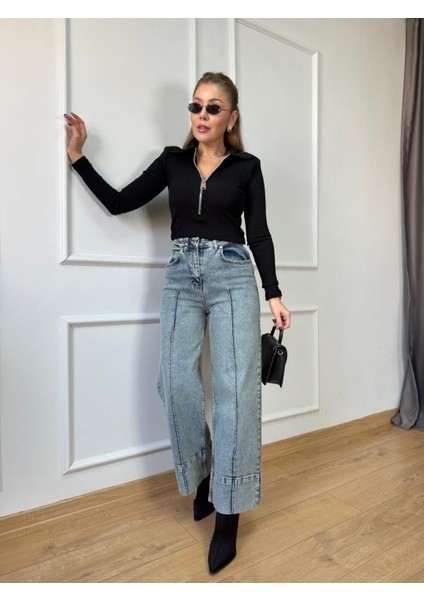 Siyah Yaka Fermuarlı Fitilli Bluz indirimleri