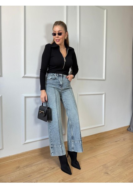 Siyah Yaka Fermuarlı Fitilli Bluz