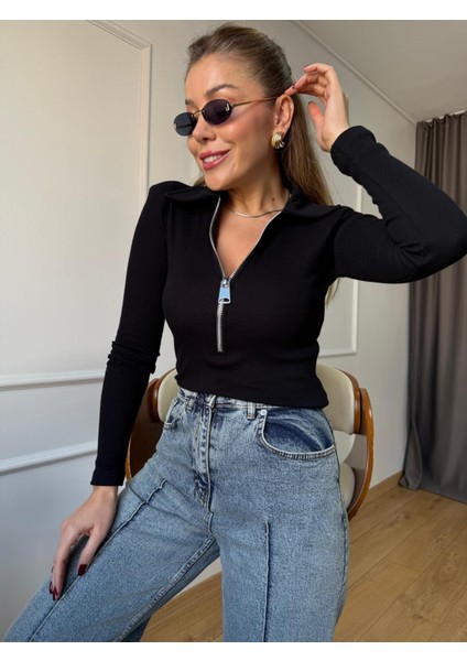 Siyah Yaka Fermuarlı Fitilli Bluz