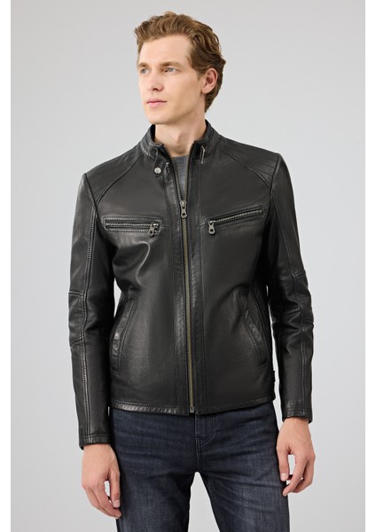 Jefferson Erkek Siyah Hakim Yaka Slim-Fit Deri Ceket 25WGF6584WF