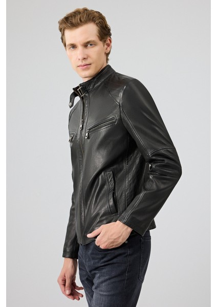 Jefferson Erkek Siyah Hakim Yaka Slim-Fit Deri Ceket 25WGF6584WF fiyatları