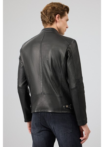 Jefferson Erkek Siyah Hakim Yaka Slim-Fit Deri Ceket 25WGF6584WF fırsatları