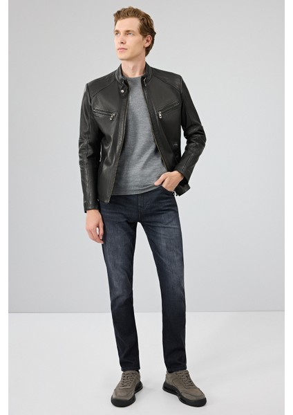 Jefferson Erkek Siyah Hakim Yaka Slim-Fit Deri Ceket 25WGF6584WF