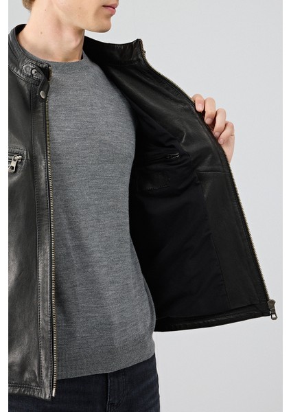 Jefferson Erkek Siyah Hakim Yaka Slim-Fit Deri Ceket 25WGF6584WF