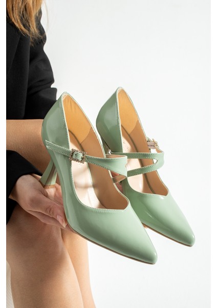 Lunera Zarif Tokalı Rahat Kalıp Kadın 6,5 cm Topuklu Su Yeşili Rugan Mary Jane Ayakkabı