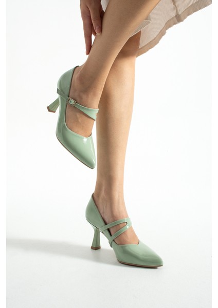 Lunera Zarif Tokalı Rahat Kalıp Kadın 6,5 cm Topuklu Su Yeşili Rugan Mary Jane Ayakkabı modelleri