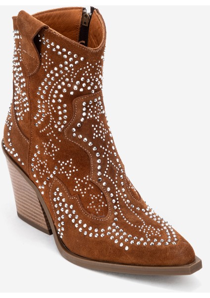 Kadın Taşlı Kalın Taban Western Bot Gerçek Süet Deri Zy 1610 Taba modelleri