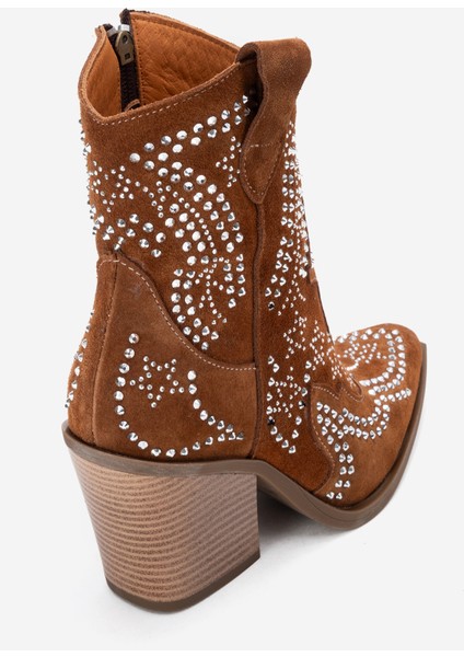 Kadın Taşlı Kalın Taban Western Bot Gerçek Süet Deri Zy 1610 Taba fırsatları