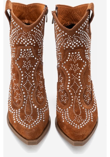 Kadın Taşlı Kalın Taban Western Bot Gerçek Süet Deri Zy 1610 Taba indirimleri