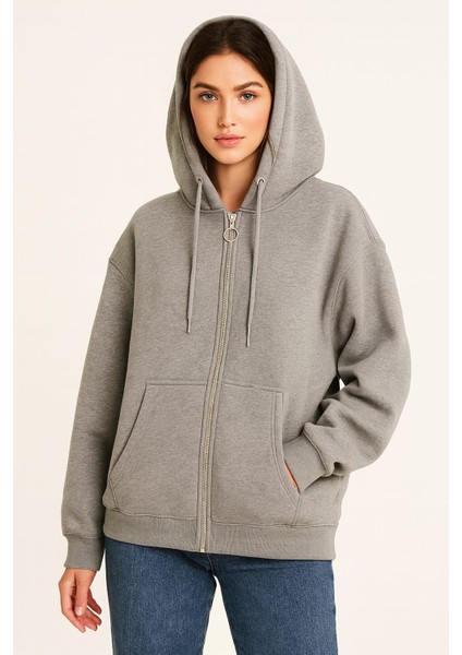 Düz Renk Kapüşonlu Üç Ip Unisex Ceket