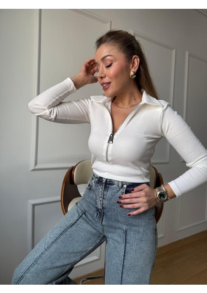 Ekru Yaka Fermuarlı Fitilli Bluz