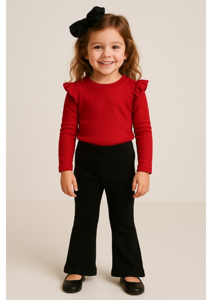 Kız Çocuk 3’lü Takım Kırmızı Badi, Siyah Ispanyol Tayt ve Bandana – Günlük Şık Kombin