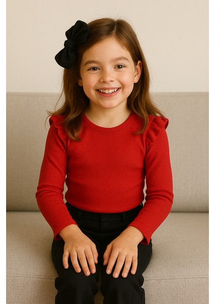 Kız Çocuk 3’lü Takım Kırmızı Badi, Siyah Ispanyol Tayt ve Bandana – Günlük Şık Kombin