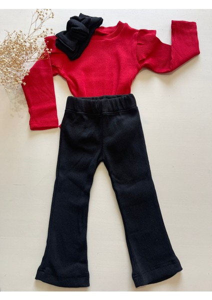 Kız Çocuk 3’lü Takım Kırmızı Badi, Siyah Ispanyol Tayt ve Bandana – Günlük Şık Kombin
