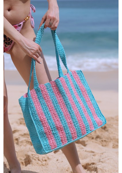 Marla Candy, Kağıt Ip (Rafia), El Örgüsü, Cabana Desenli, Plaj Çantası. fırsatları