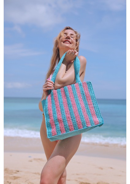 Marla Candy, Kağıt Ip (Rafia), El Örgüsü, Cabana Desenli, Plaj Çantası.