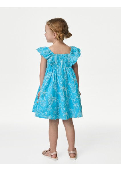 Saf Pamuklu Çiçek Desenli Elbise (2-7 Yaş)