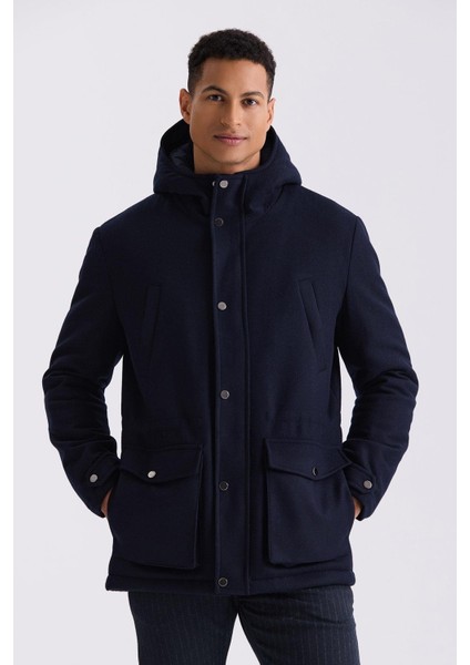 Lacivert Comfort Fit Kapüşonlu Yünlü Mont indirimleri