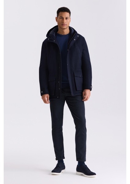 Lacivert Comfort Fit Kapüşonlu Yünlü Mont