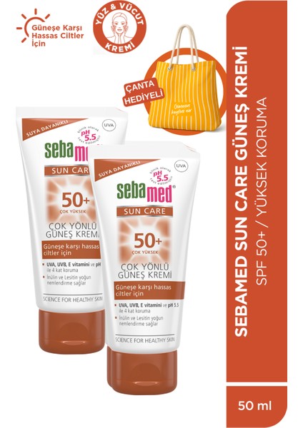 Sun Care SPF 50+Üçlü Yüksek Koruma Güneş Kremi x2 Adet -Plaj Çantası Hediyeli Set