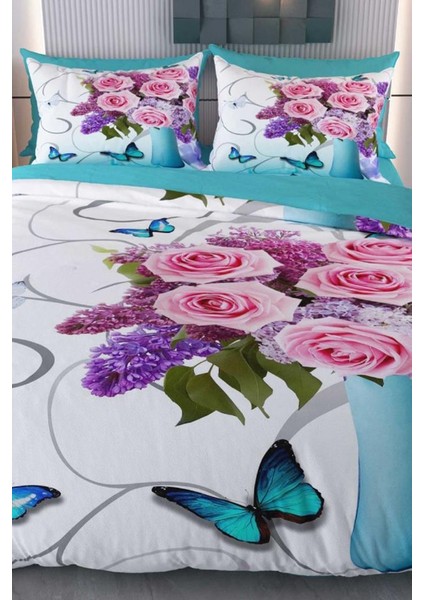 Mavi Vazo Mikro Saten 3D Dijital Baskılı Çift Kişilik Nevresim Takımı
