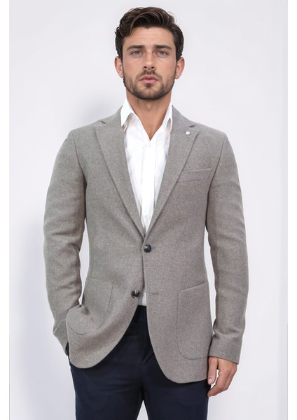 Slim Fit Mono Yaka Kahverengi Astarsız Tek Ceket