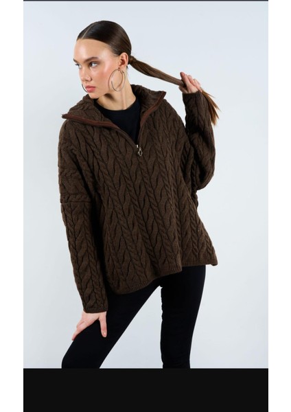 Kadın Yakası Fermuarlı Örgülü Desen Acı kahve Oversize Kazak fırsatları