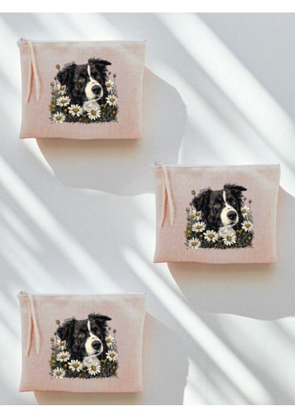 Çiçekli Köpek Baskılı 3'lü Makyaj Çantası 20X25 cm - Kadın Doğum Günü Hediyesi Kadın Hediye Ürün