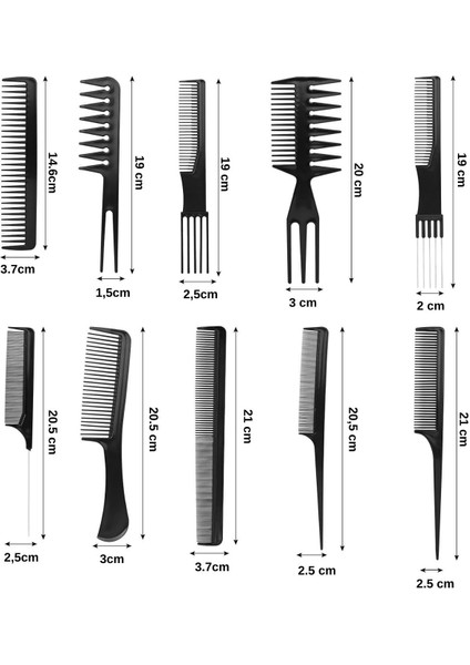 10 Parça Profesyonel Kuaför Tarak Seti, Saç Kesim ve Şekillendirme Için Ideal