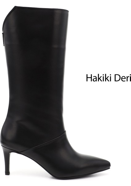 Kadın Siyah Platinum Fermuarlı İnce Topuklu Hakiki Deri Çizme