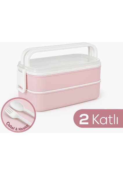 Ofis ve Okul Için Beslenme Kabı - 2 Katlı, Çatal & Kaşık Dahil - Pembe