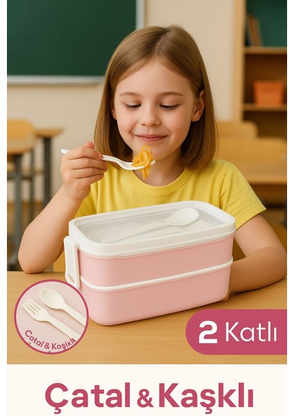 Ofis ve Okul Için Beslenme Kabı - 2 Katlı, Çatal & Kaşık Dahil - Pembe modelleri