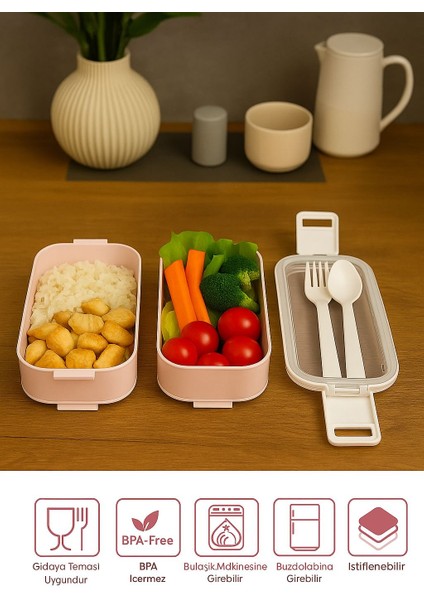Ofis ve Okul Için Beslenme Kabı - 2 Katlı, Çatal & Kaşık Dahil - Pembe fırsatları