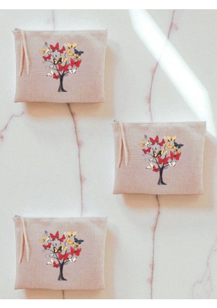 Kelebekli Ağaç Baskılı 3'lü Makyaj Çantası 20X25 cm - Büyük Makyaj Çantası