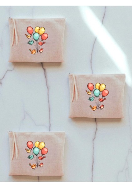 Kuş ve Balon Baskılı 3'lü Makyaj Çantası 20X25 cm - Büyük Makyaj Çantası