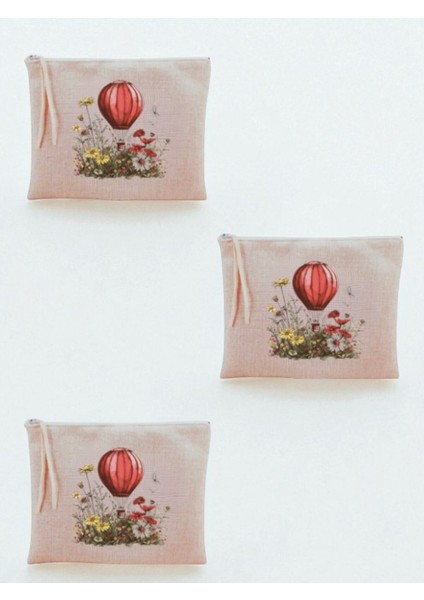 Uçan Balon Baskılı 3'lü Makyaj Çantası 20X25 cm - Büyük Makyaj Çantası